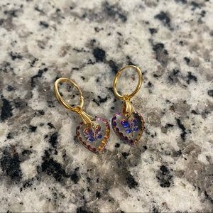 NANCY. Two Roses Engraved Glass Heart Earrings, 18K gold plated sterling silver